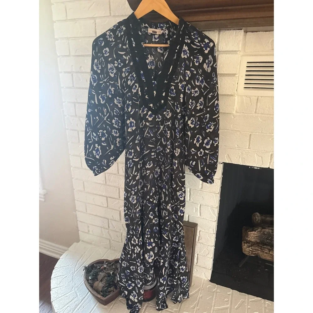 Tory Burch Puff Sleeve Tunic Floral Asymmetrical Hem Dress Blue Black XS